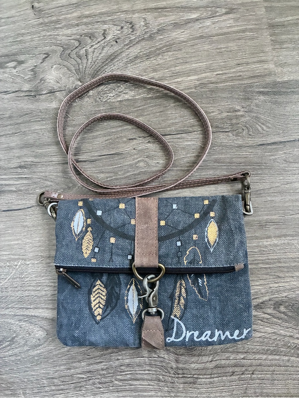 Dreamers Blue Crossbody Bag with Gold Feather Accents